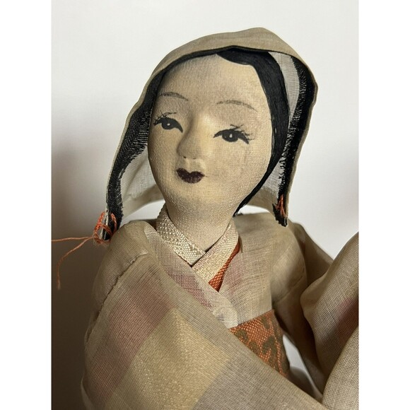 Vintage Korean Cloth Doll 10”  Wearing Traditional Hanbok With Wood Stand - Picture 6 of 12